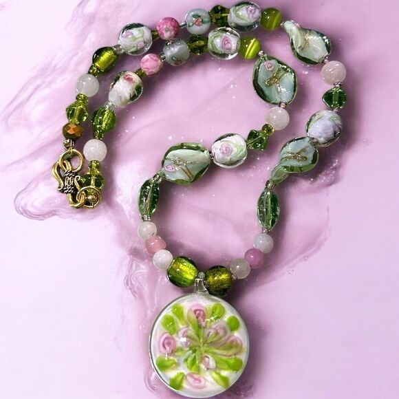One of a Kind Art Glass & Pendant Necklace Murano Glass Quartz Gemstone 18k GP - Picture 1 of 8